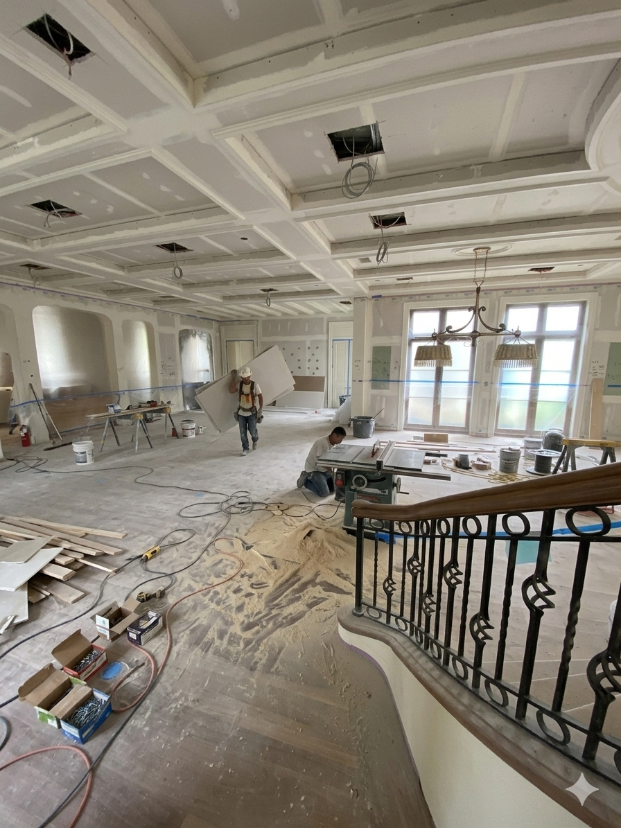 Luxury home remodeling careless of owners investment with dirty, construction dust and debris