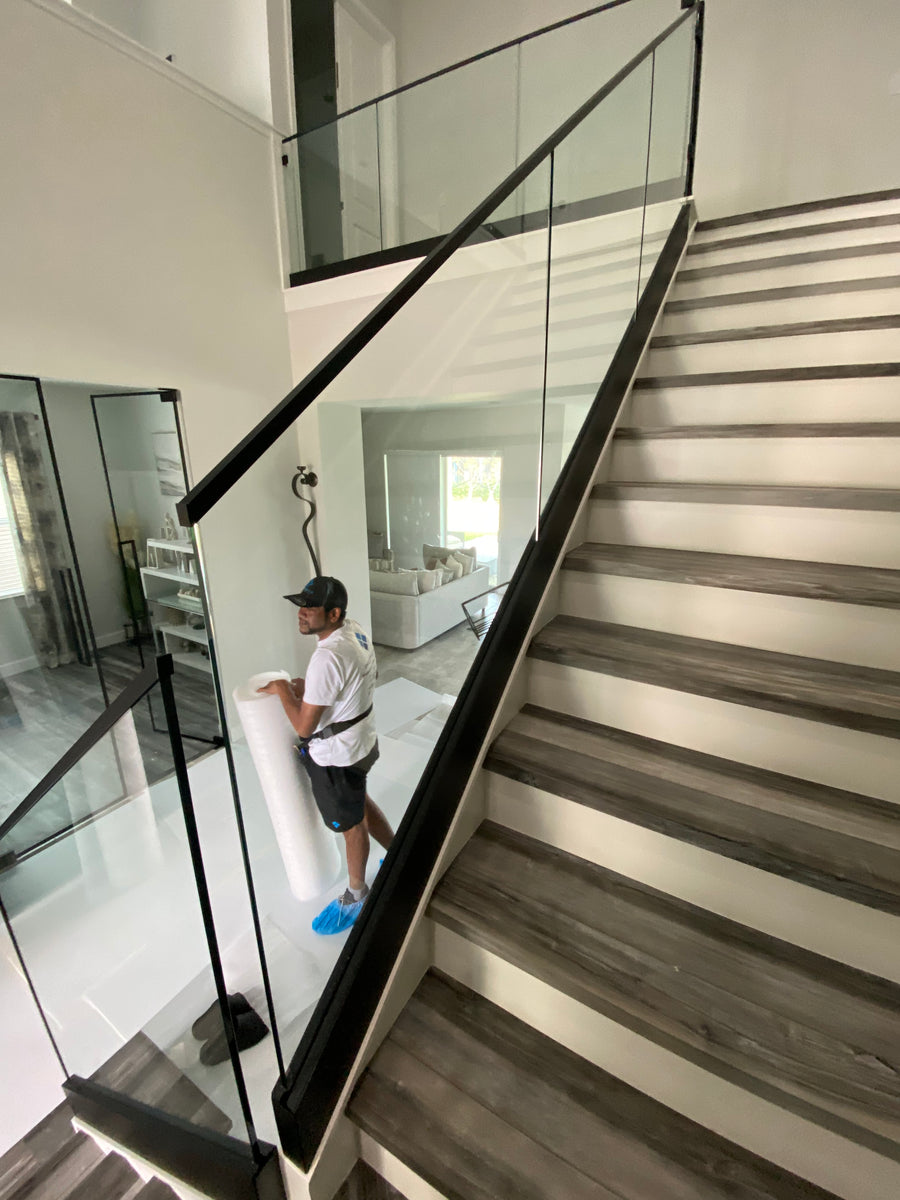 Before and after showing Protect X stair protection installation and pristine staircase condition at project completion in South Florida